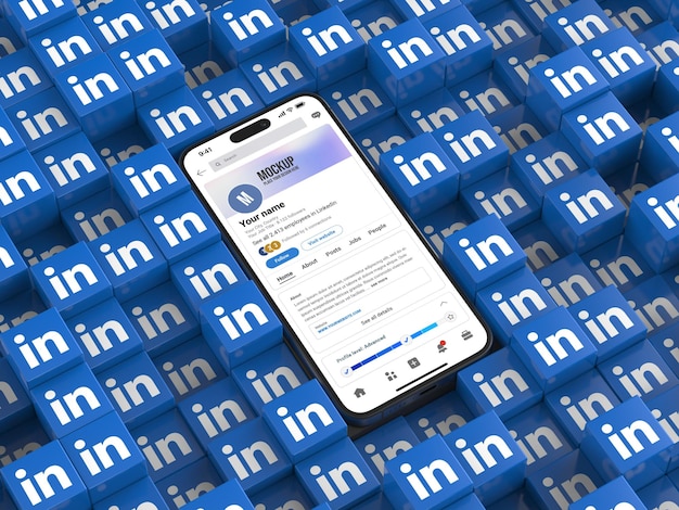 PSD une maquette de smartphone au milieu des cubes du logo linkedin