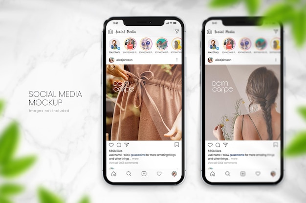 PSD maquette de téléphone instgram vue de dessus de deux iphone 13 sur fond de marbre blanc