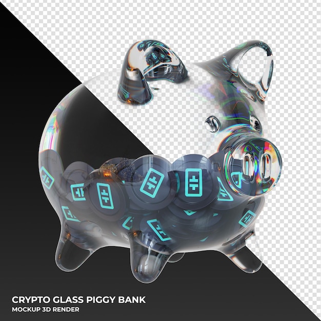 PSD mealheiro theta network theta glass com ilustração 3d de moedas criptográficas