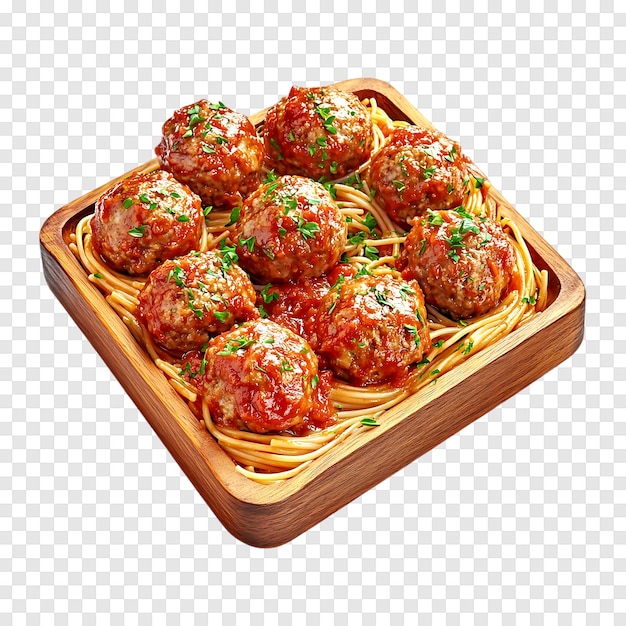 PSD meatballs clássicos assados com espaguete e molho em um fundo transparente prístino para o seu projeto