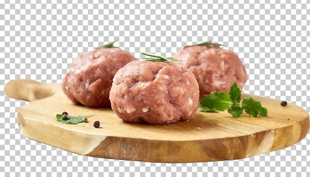 Meatballs crus em um prato branco isolado em um fundo transparente