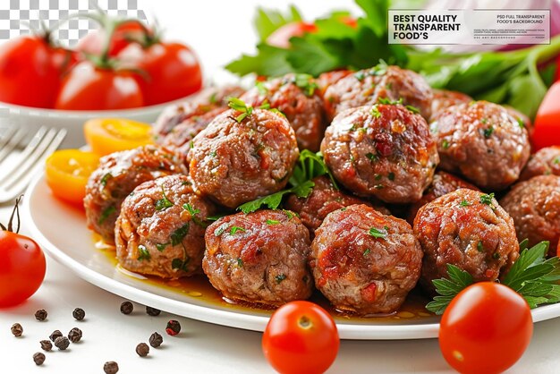 PSD meatballs de carne e carne bovina com legumes e utensílios em fundo transparente