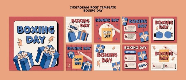 PSD messages instagram du jour de la boxe dessinés à la main