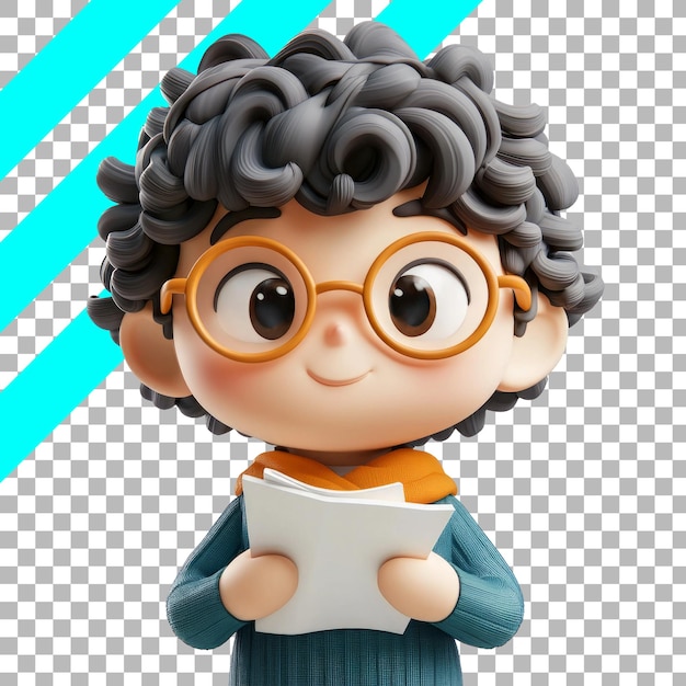 Un mignon personnage de dessin animé avec des cheveux bouclés et des lunettes tenant des papiers