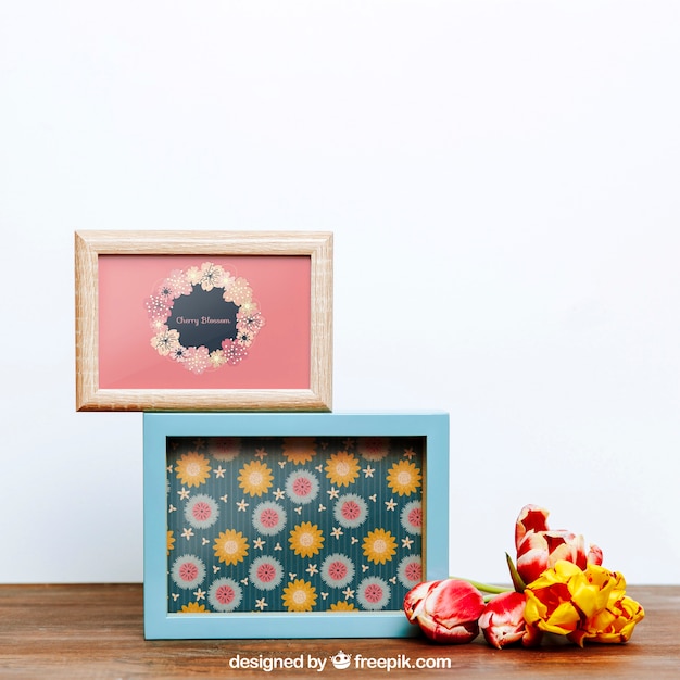 PSD mockup de primavera com dois quadros de flores