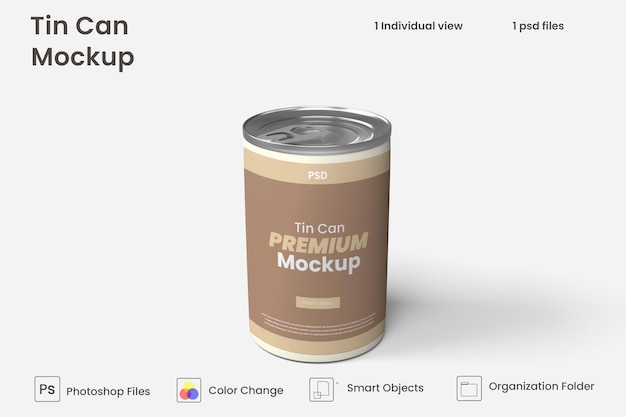 Mockup di confezione di prodotti in latta per alimenti in alluminio Premium Psd