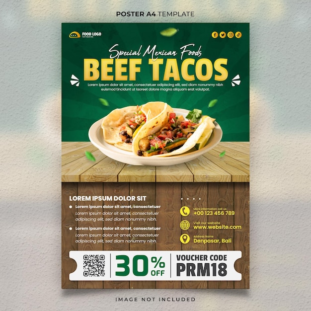 Modèle d'affiche ou de bannière de menu de tacos de boeuf mexicain