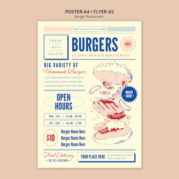 Modèle d'affiche de restaurant burger dessiné à la main