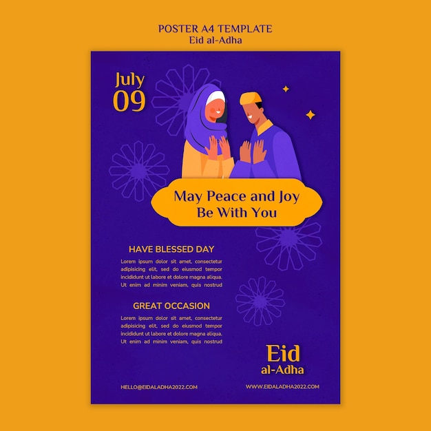 Modèle d'affiche verticale eid al-adha avec des personnes priant