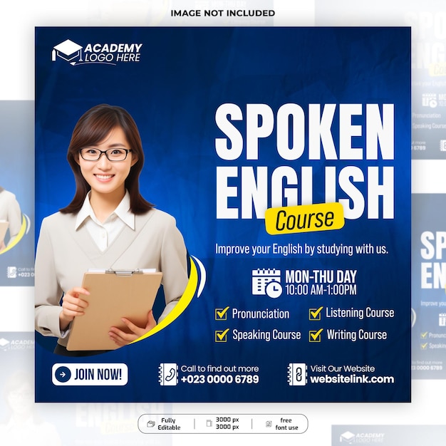 Modèle de bannière de promotion de cours d'anglais parlé et d'anglais éducatif