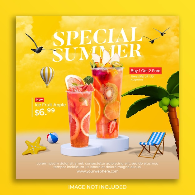 Modèle de bannière de publication instagram pour la promotion du menu des boissons d'été sur les médias sociaux