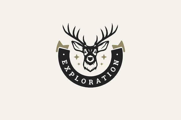 PSD modèle de conception de logo rétro minimal de tête de cerf pour l'illustration plate d'une expédition de chasse dans la nature