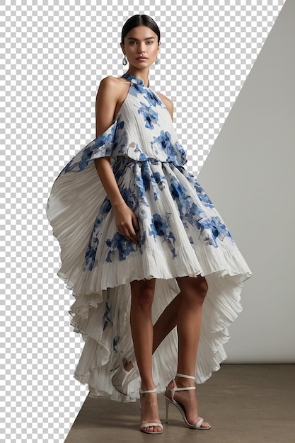 PSD un modèle dans une robe blanche avec des fleurs bleues