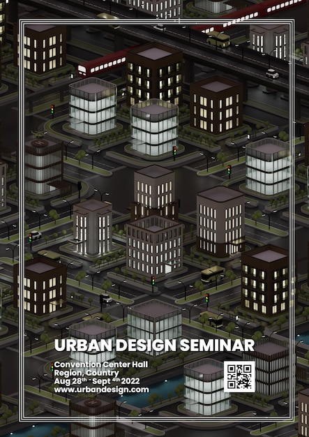 PSD modèle de flyer de séminaire de design urbain avec illustration 3d isométrique