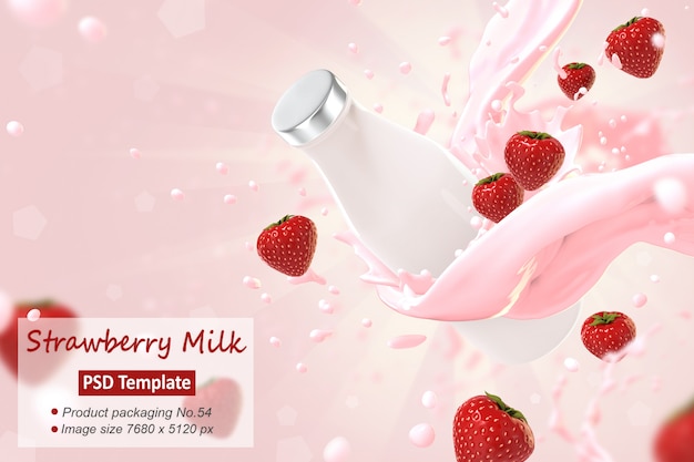 PSD modèle de fond de lait aux fraises rendu 3d