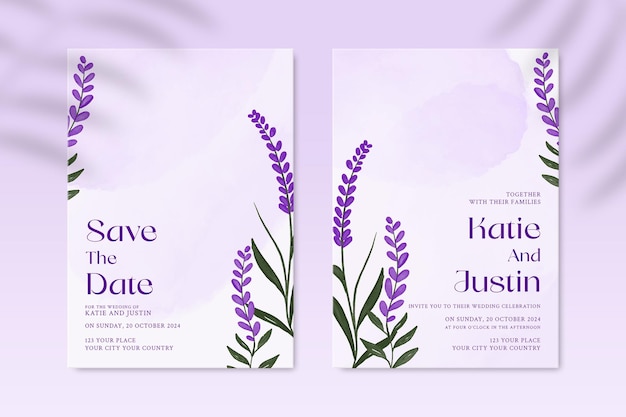 PSD modèle d'invitation de mariage recto-verso avec fleur violette psd premium