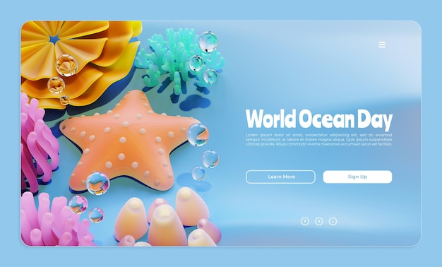 PSD modèle de page d'atterrissage de la journée mondiale de l'océan avec illustration de rendu 3d étoile de mer