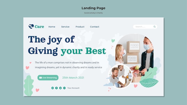 PSD modèle de page de destination pour l'activité sociale et la charité