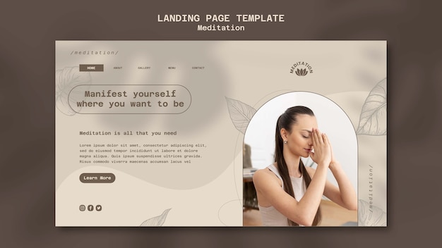 Modèle de page de destination pour la méditation de yoga avec un design de feuilles