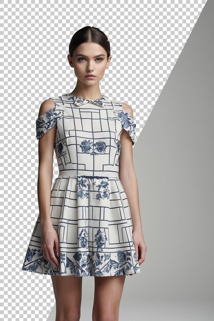 PSD un modèle portant une robe blanche et bleue avec un motif de fleurs