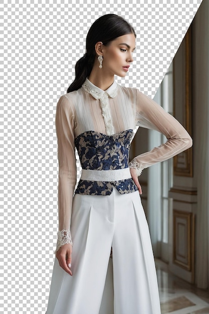 PSD un modèle portant une robe bleue et blanche avec une ceinture blanche