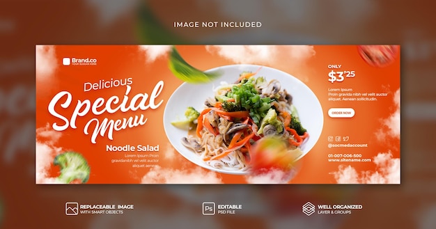 PSD modèle psd de bannière de couverture facebook de médias sociaux de promotion de menu de nourriture de salade de nouilles chaudes spéciales