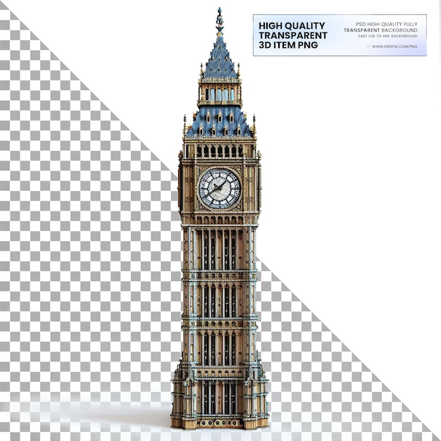 Modello 3D della torre dell'orologio Big Ben a Londra su sfondo trasparente