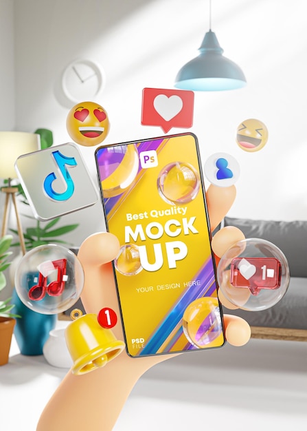 Modello di mockup dello schermo Mano carina che tiene Smart Phone Icone Tik Tok in soggiorno Concetto di vita moderna futura Rendering 3D