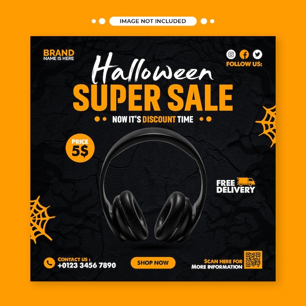 Modello di post e volantino sui social media di Instagram per la promozione della vendita delle cuffie nere di Halloween