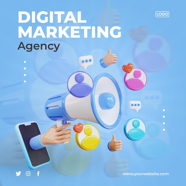 PSD modelo de agência de marketing digital com mão de renderização 3d carregando megafone do smartphone