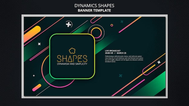 Modelo de banner horizontal com formas geométricas de néon dinâmicas