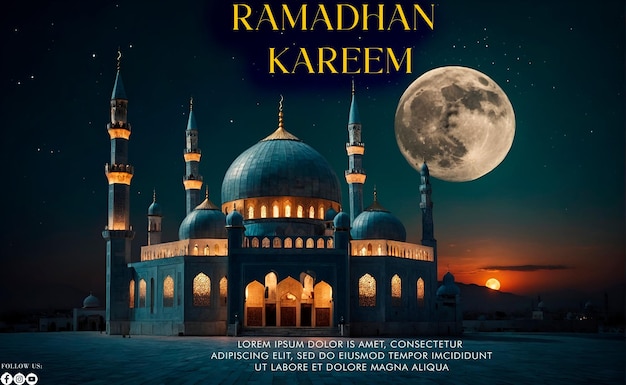 Modelo de cartaz do Ramadan Kareem com lua da mesquita