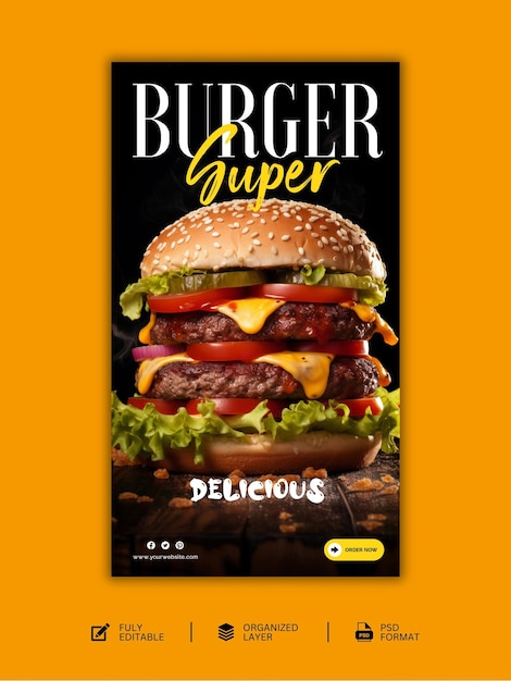 PSD modelo de design de postagem de mídia social de comida de burger delicious special