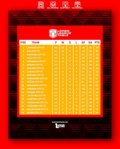 PSD modelo de design gráfico da tabela da liga de futebol