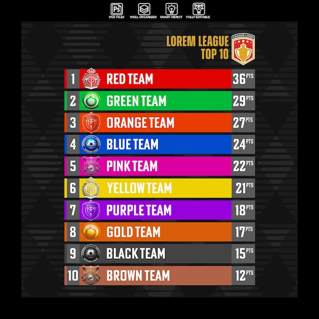 PSD modelo de projeto de tabela de liga de futebol