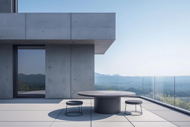 PSD moderne terrasse mit einem runden tisch und stühlen mit blick auf ein malerisches