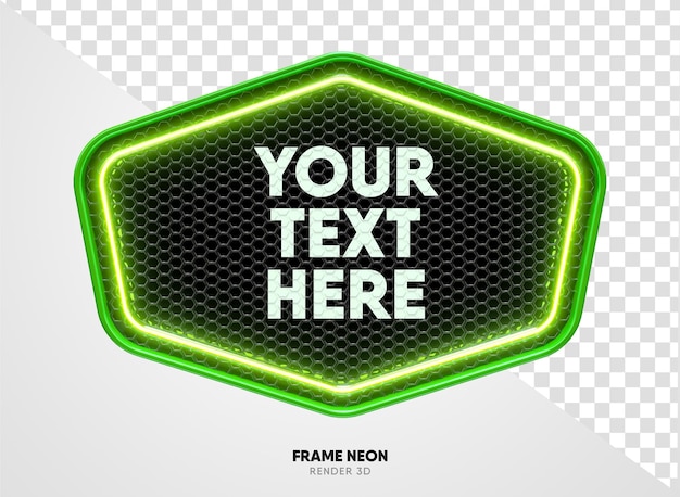 Moldura verde com textura de grade e neon em renderização 3d realista com fundo transparente