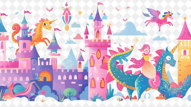 PSD mondo fantastico con personaggi che hanno un disegno di dragon ride è people life style flat illustration