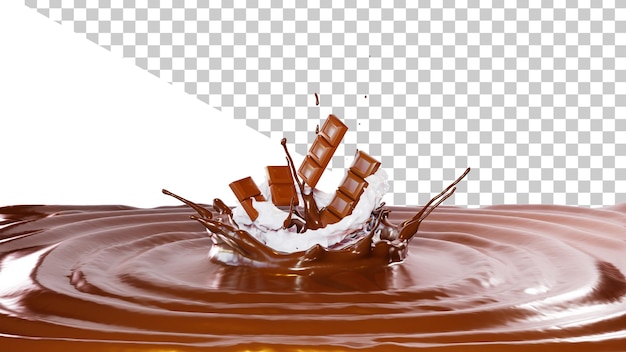 Morceaux de chocolat dans un spray de lait Liquide de couronne de chocolat éclaboussé avec des morceaux de barres de chocolatxA