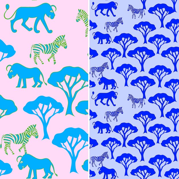 PSD des motifs de savane avec un lion, un acacia et une silhouette de zèbre