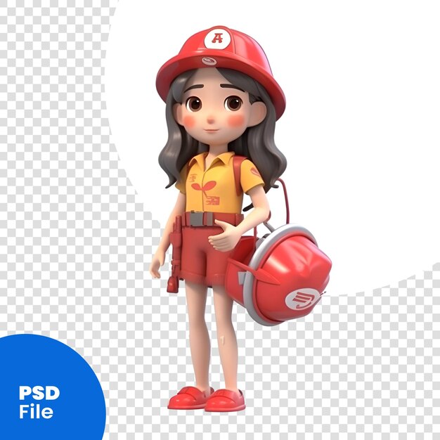 PSD mulher bombeira com extintor de incêndio. renderização 3d. modelo psd