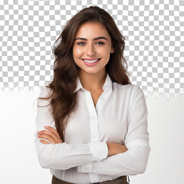 Mulher de negócios morena alegre estudante em camisa de botão transparente sorrindo confiante e alegre com os braços cruzados isolados em um fundo transparente