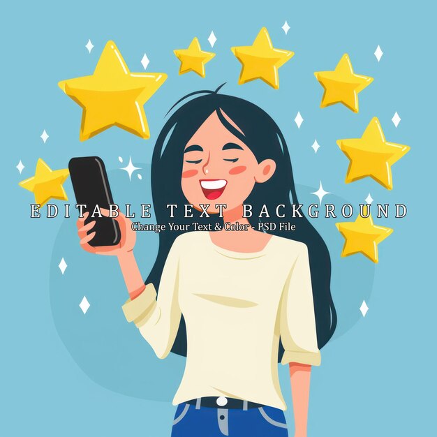 PSD mulher feliz com estrelas e smartphone