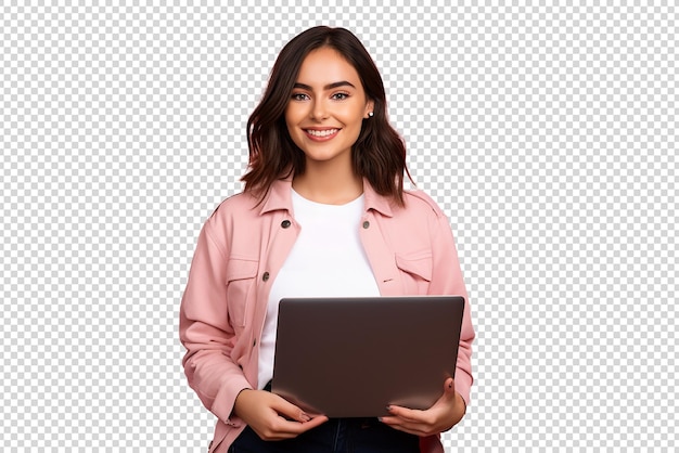 mulher feliz com laptop isolada em um fundo transparente