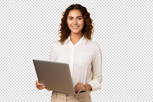 mulher feliz com laptop isolada em um fundo transparente