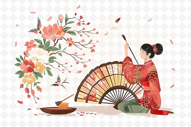 Mulher jovem pintando um desenho tradicional de ventilador chinês é o tema de ilustração do Festival Ele Chinês