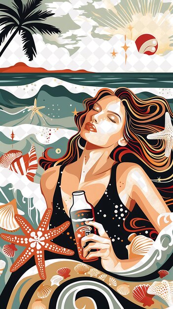 PSD mulher segurando uma cerveja com uma paisagem de praia no fundo ilustração plana design de cultura da cerveja