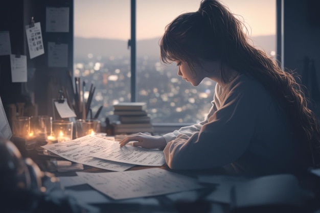 PSD mulher sentada em uma mesa na frente de uma janela lendo um documento enquanto olha para o horizonte da cidade ao pôr do sol