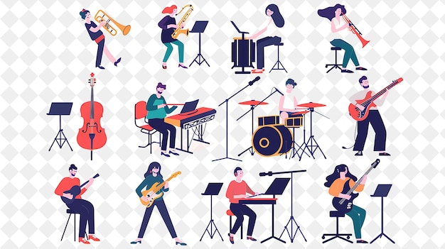 PSD músico artístico com personagens tocando instrumentos e co png pessoas no trabalho diário ilustração