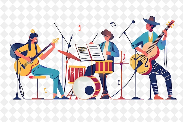 PSD músico artístico com personagens tocando instrumentos e co png pessoas no trabalho diário ilustração